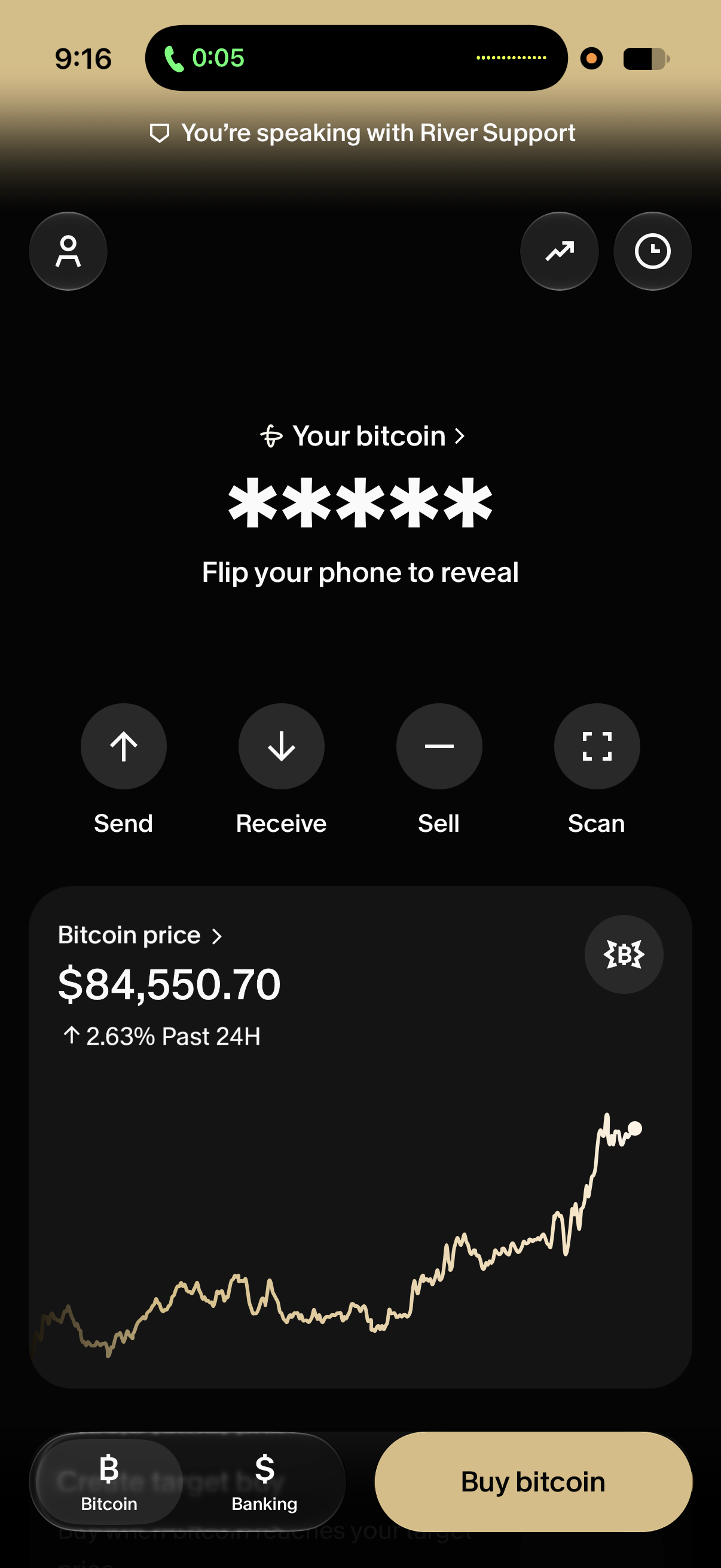 Gold call banner in the River app reading “You’re speaking with River Support.