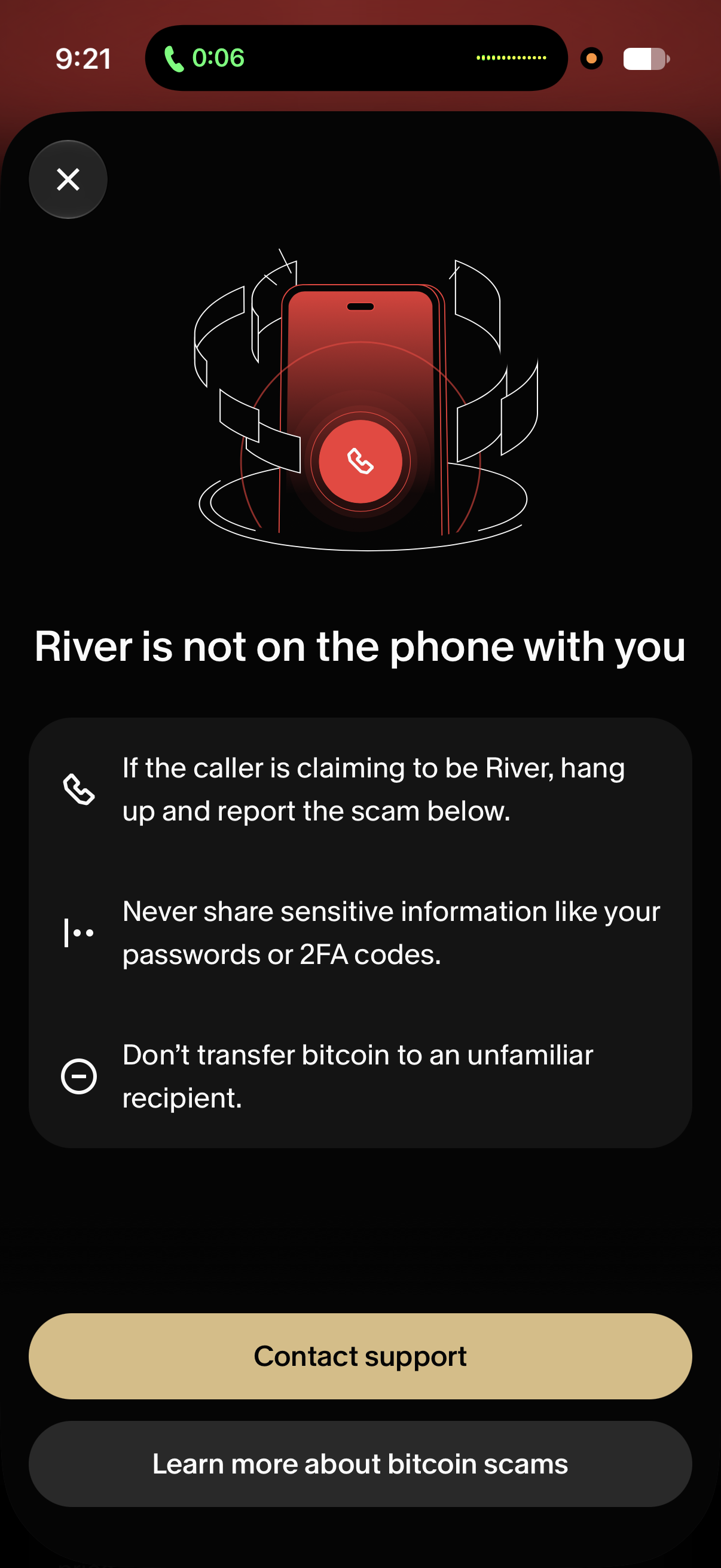Safety tips screen that opens after tapping the red call banner