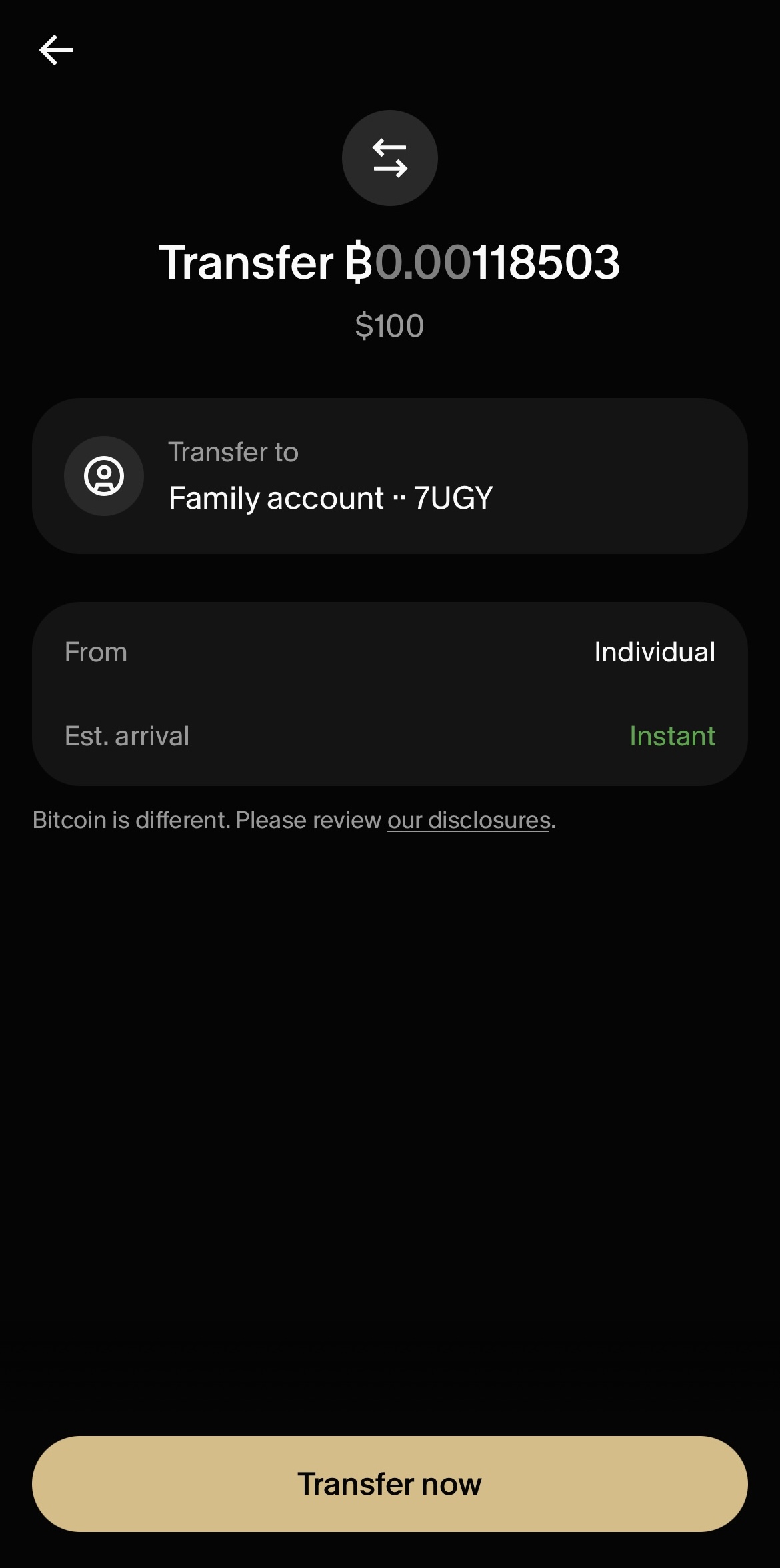 Step 5: Transfer preview showing the sending account, receiving account, and amount