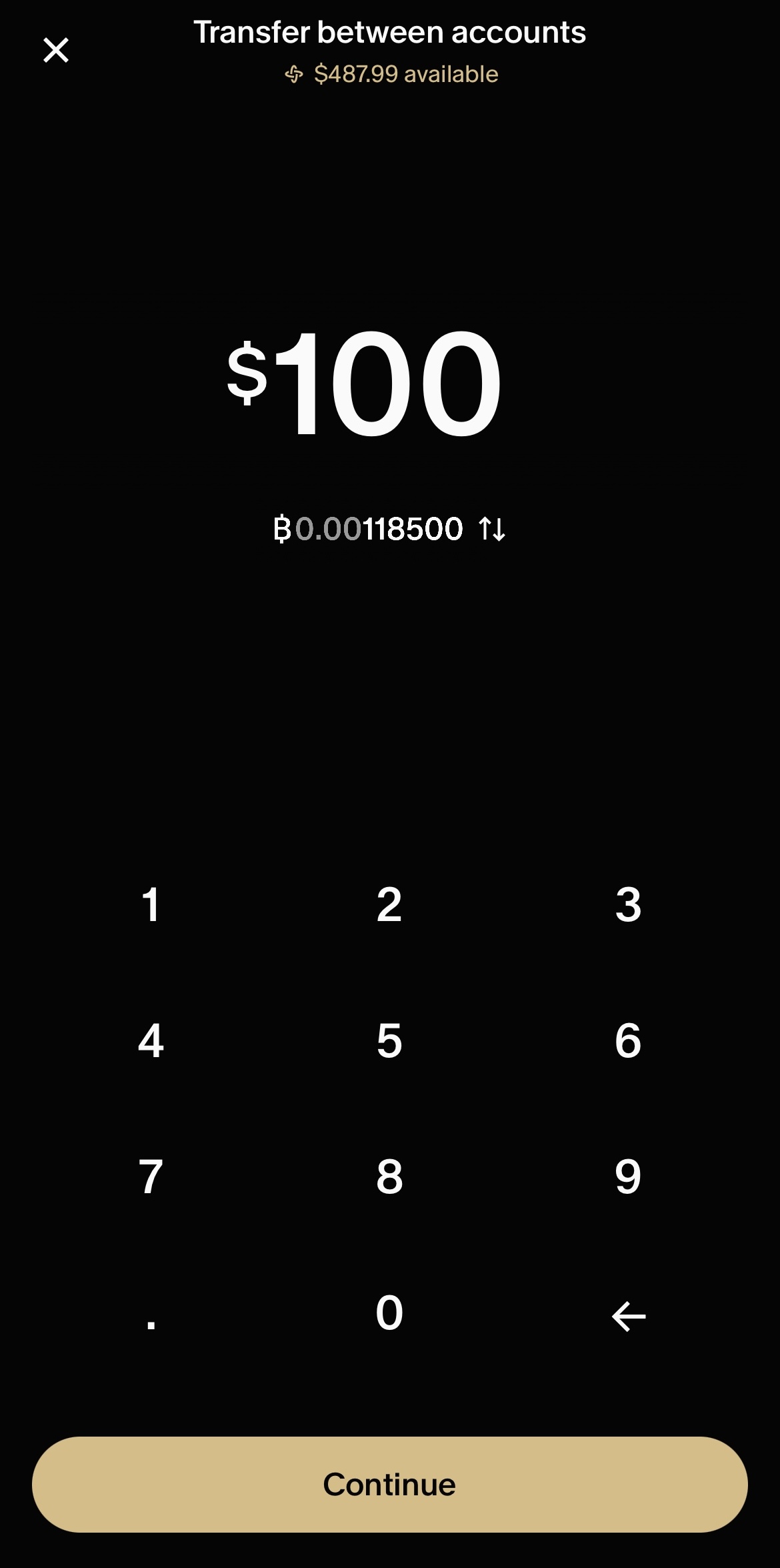Step 4: Amount screen with a transfer amount entered